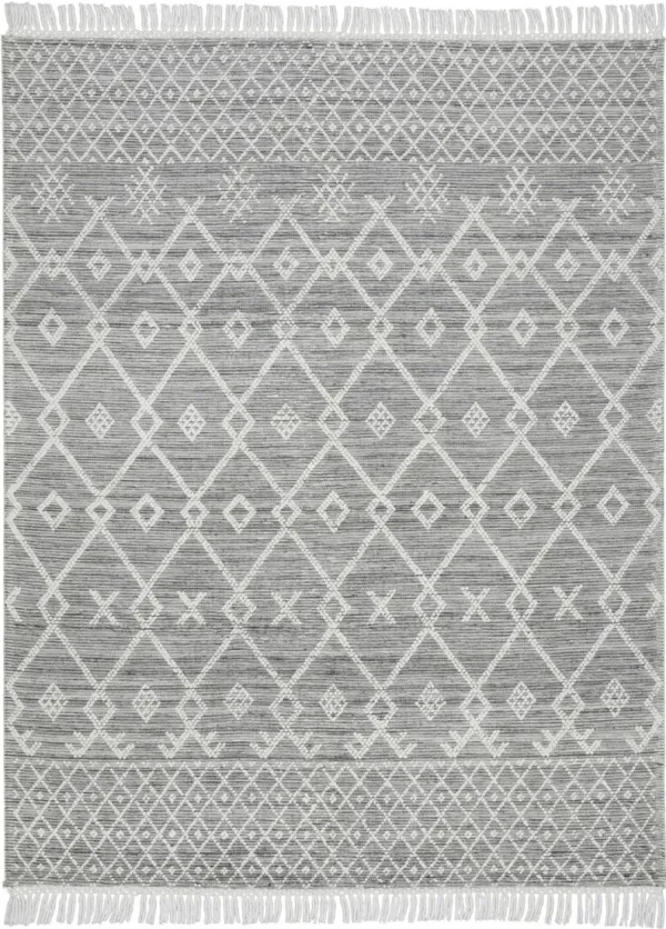 8' x 10.5' Geometric Hand Woven Area Rug With Fringe - Gray And Ivory
