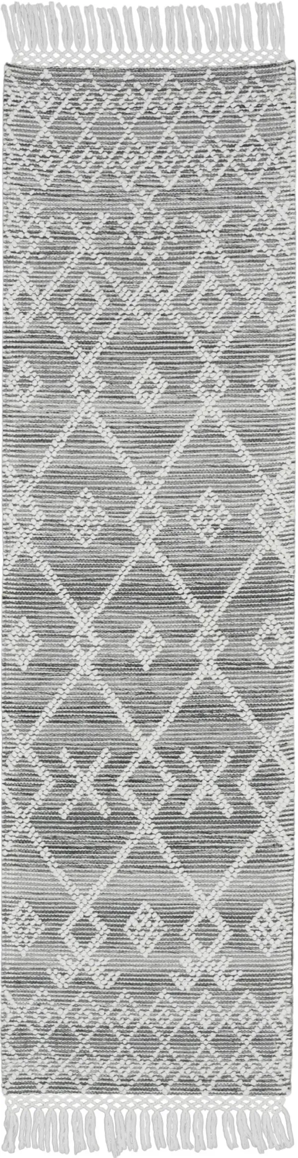 8' x 2.3' Geometric Hand Woven Runner Rug With Fringe - Gray And Ivory