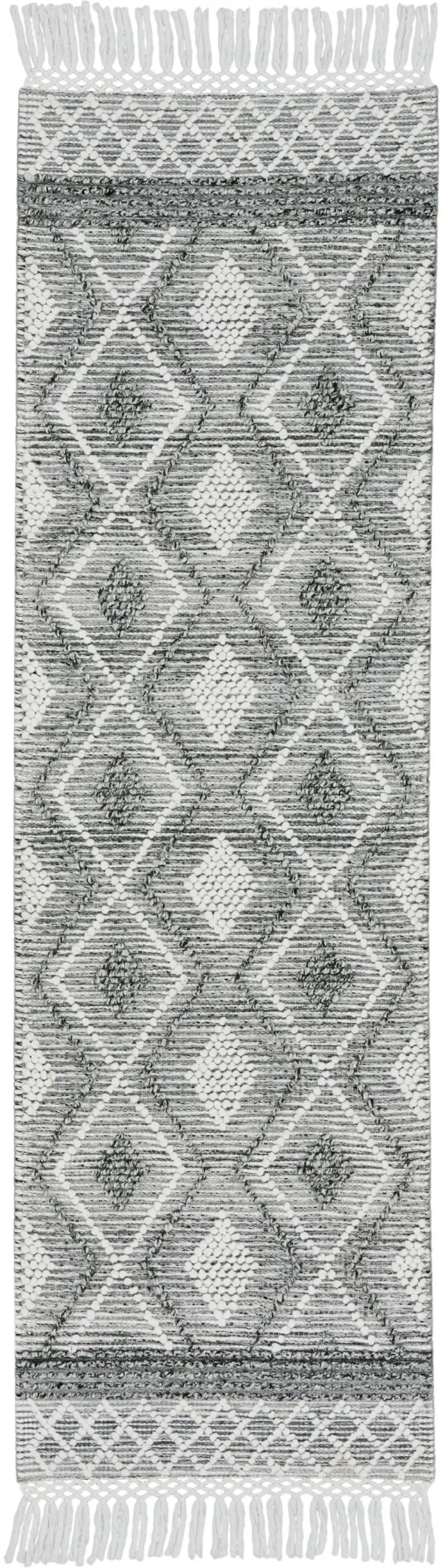 8' Geometric Hand Woven Runner Rug With Fringe - Ivory And Gray