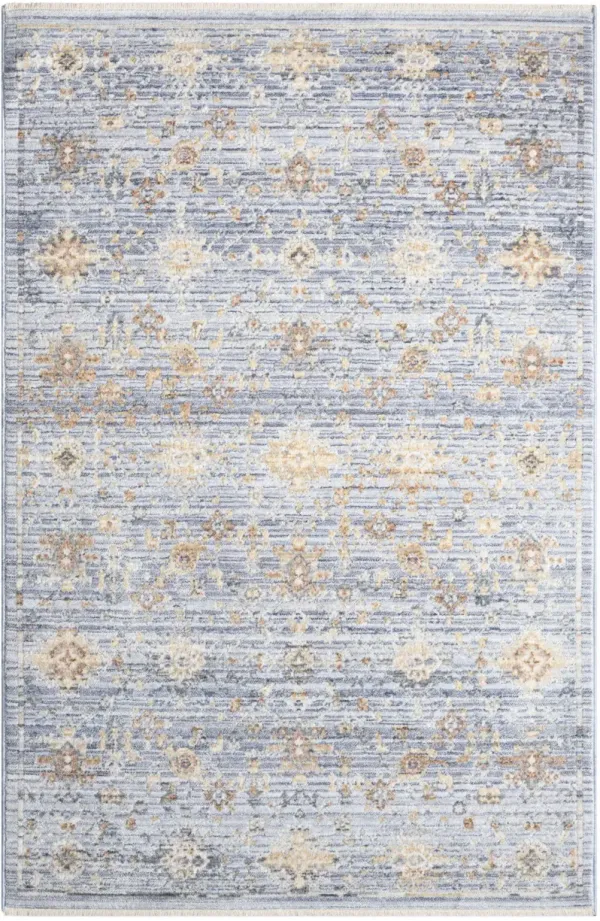 3' x 5' Oriental Power Loom Distressed Area Rug With Fringe - Blue And Ivory