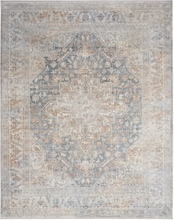 8' x 10' Oriental Power Loom Distressed Area Rug With Fringe - Ivory And Blue