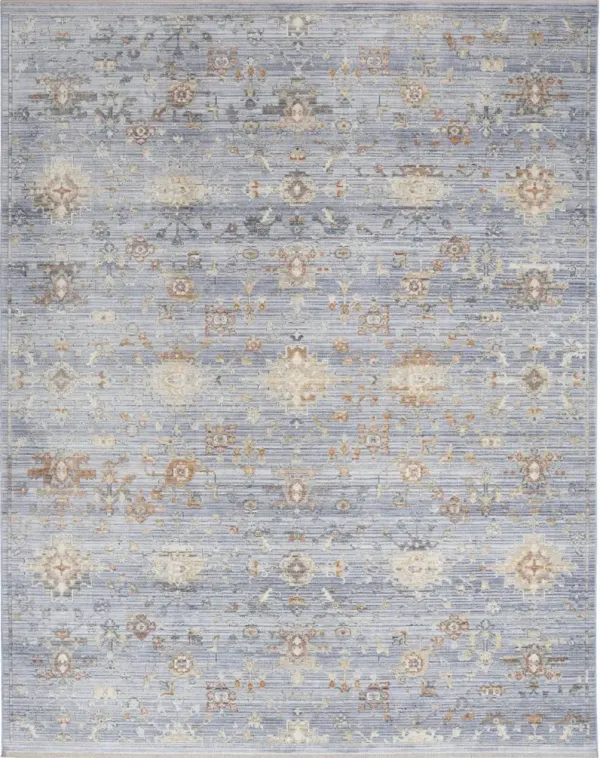 8' x 10' Oriental Power Loom Distressed Area Rug With Fringe - Blue And Ivory