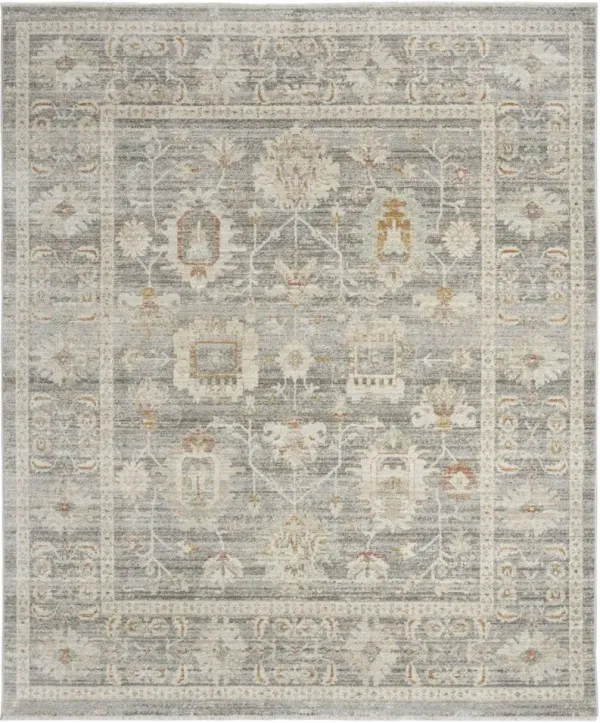 8' x 10' Oriental Power Loom Distressed Area Rug With Fringe - Beige Ivory And Gray