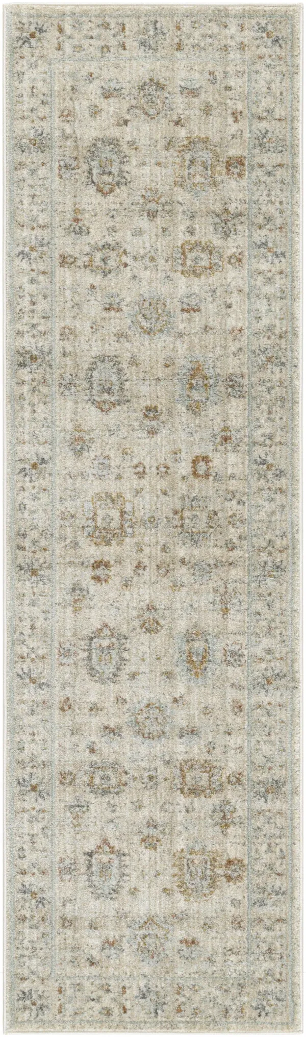 8' Oriental Power Loom Distressed Runner Rug With Fringe - Beige And Ivory