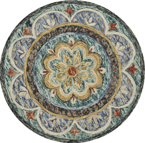 4' Round Wool Floral Hand Tufted Area Rug - Blue