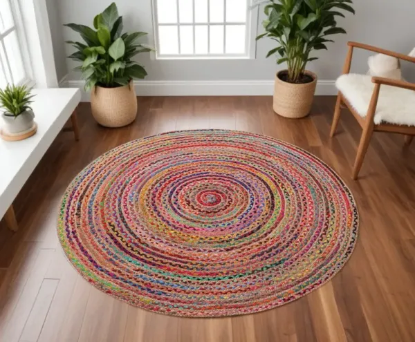 7' Round Geometric Hand Braided Area Rug - Tan