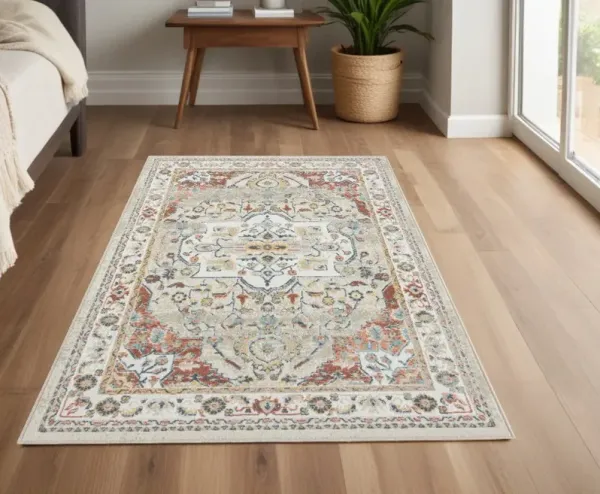 4' x 6' Oriental Power Loom Area Rug - Ivory And Red