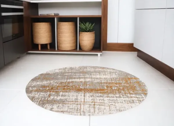 5' Round Abstract Non Skid Area Rug - Gray And Gold