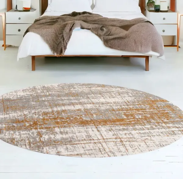 8' Round Abstract Non Skid Area Rug - Gray And Gold