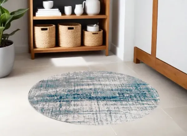 5' Round Abstract Non Skid Area Rug - Gray And Blue