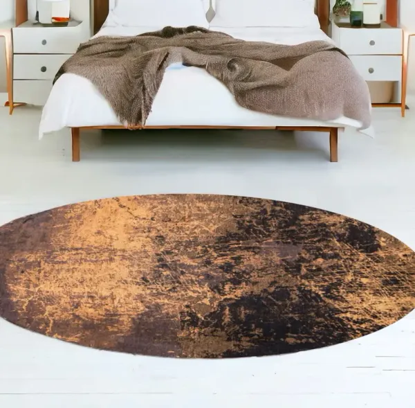 8' Round Abstract Non Skid Area Rug - Brown And Yellow