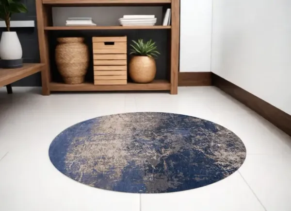 4' x 4' Round Abstract Non Skid Area Rug - Blue And Gray