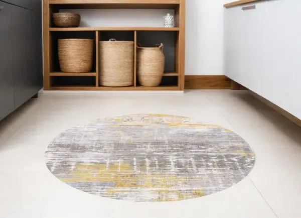 4' x 4' Round Abstract Non Skid Area Rug - Gray And Yellow
