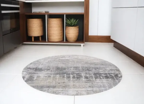 8' Round Abstract Non Skid Area Rug - Gray And White