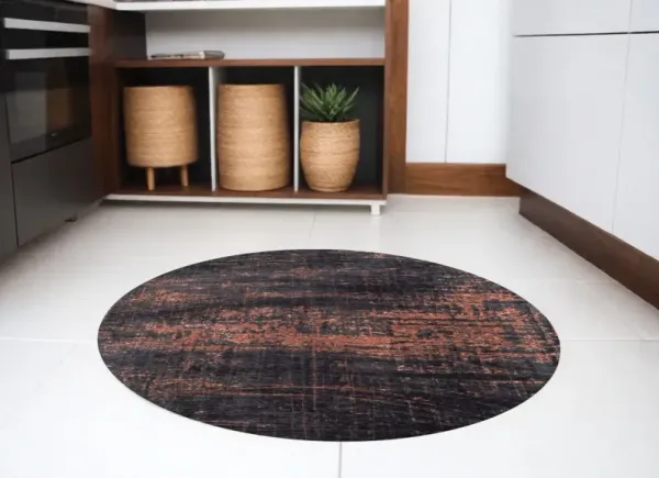 5' Round Abstract Non Skid Area Rug - Black And Gold