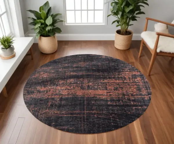 7' x 7' Round Abstract Non Skid Area Rug - Black And Gold