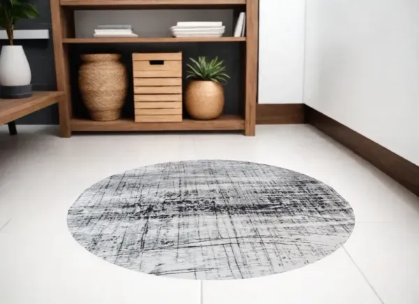 5' Round Abstract Non Skid Area Rug - Black And White