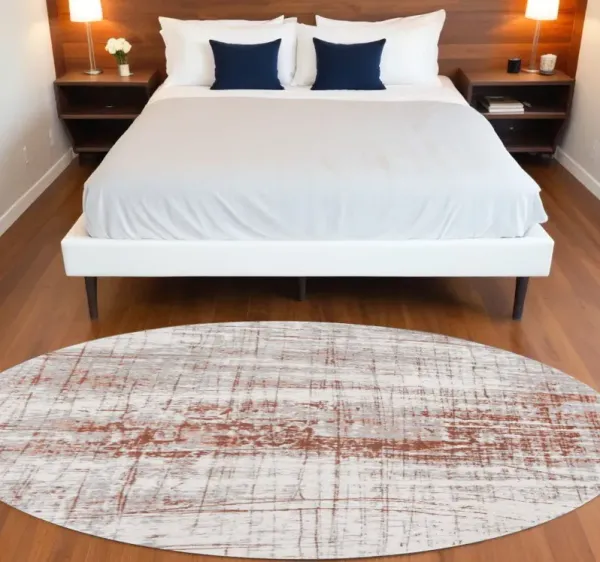 8' Round Abstract Non Skid Area Rug - Gray And Yellow