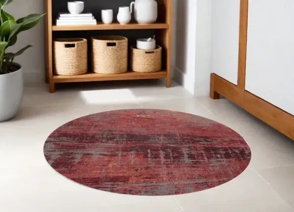 5' Round Abstract Non Skid Area Rug - Red And Gray