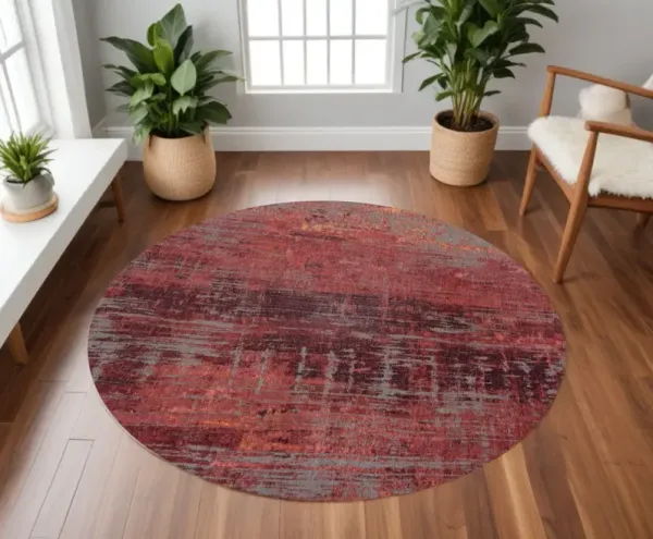 8' Round Abstract Non Skid Area Rug - Red And Gray