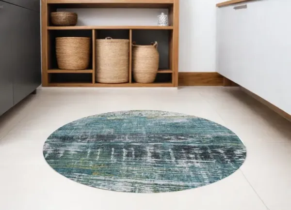 5' Round Abstract Non Skid Area Rug - Blue And Green