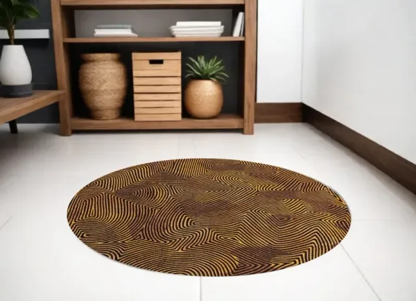 4' x 4' Round Abstract Non Skid Area Rug - Black And Gold