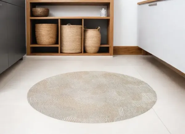 8' Round Abstract Non Skid Area Rug - Beige And White