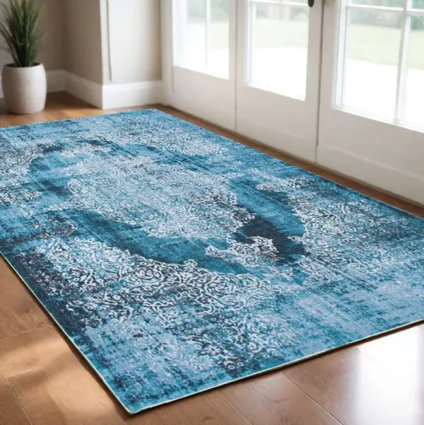 3' x 5' Oriental Non Skid Area Rug - Blue And White