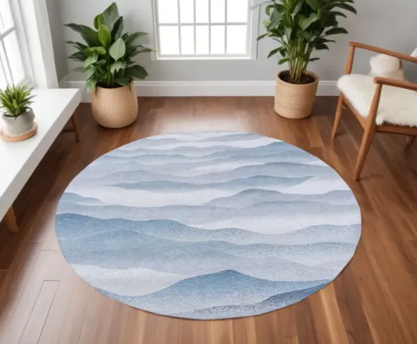 8' Round Abstract Non Skid 100% PET Area Rug - Blue And Gray