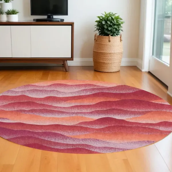 8' Round Abstract Non Skid Area Rug - Red Orange