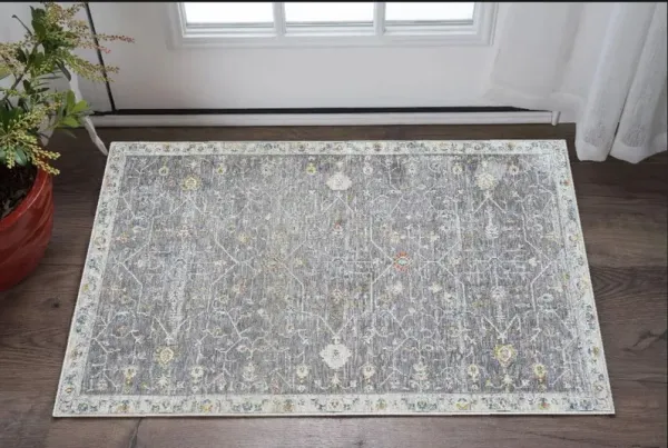 2' x 3' Floral Polyester Area Rug - Gray And Ivory