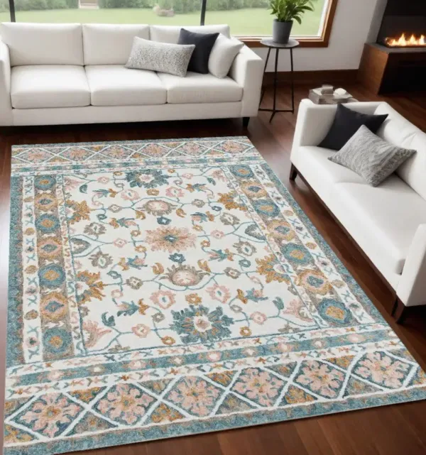 5' x 7.8' Wool Floral Hand Tufted Area Rug - Blue And Ivory