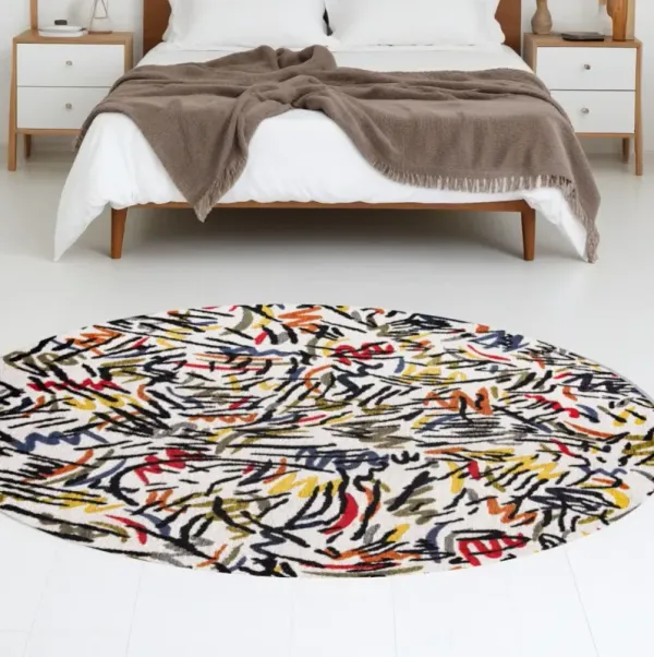 8' Round Abstract Non Skid Area Rug - White