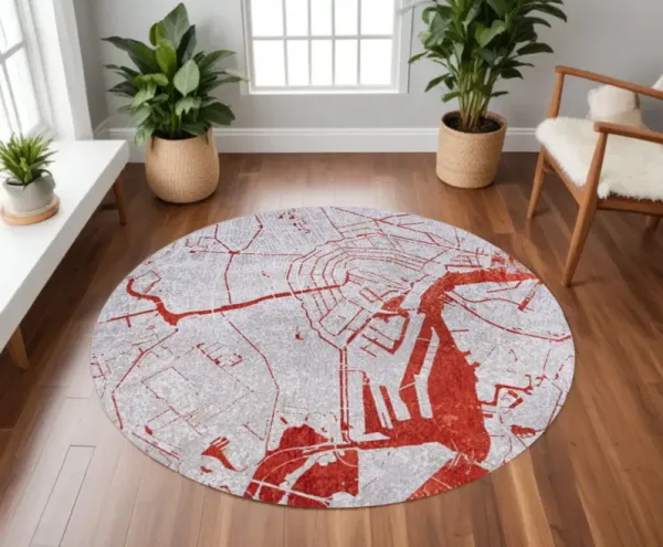 8' Round Abstract Non Skid Area Rug - Red And White