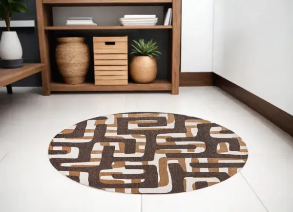 5' Round Abstract Non Skid Area Rug - Brown And Yellow