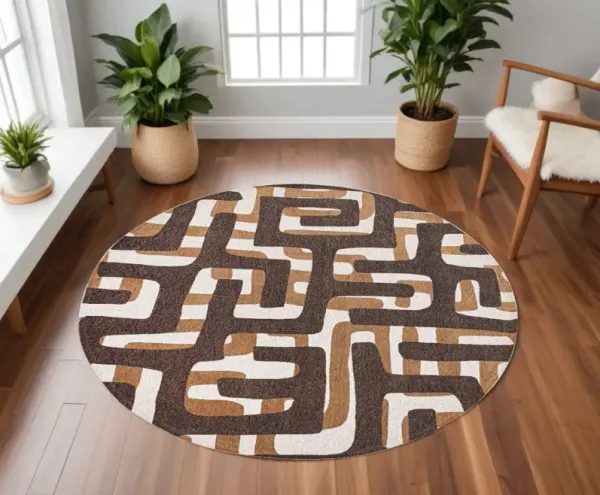 8' Round Abstract Non Skid Area Rug - Yellow And Brown