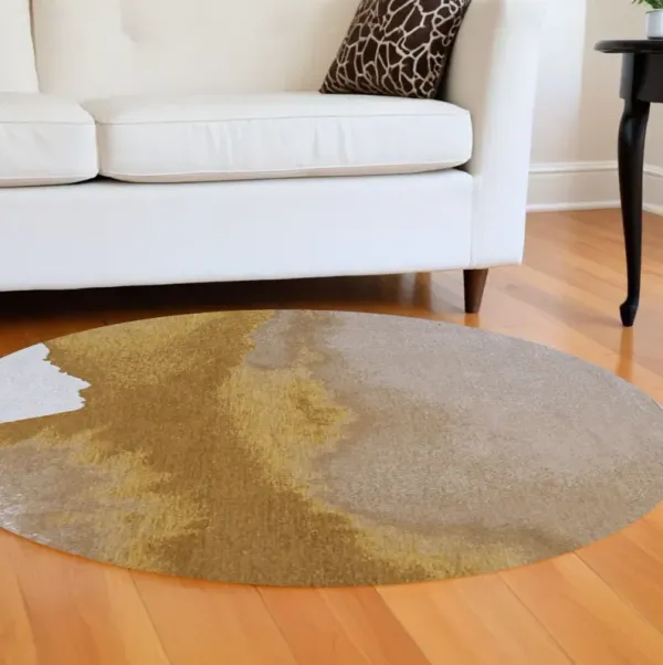 4' x 4' Round Abstract Non Skid Area Rug - Yellow And Gray