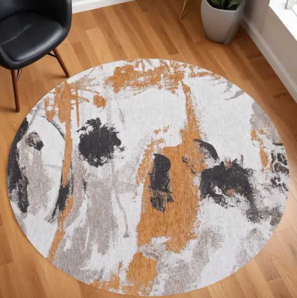 8' Round Abstract Non Skid Area Rug - White And Gray