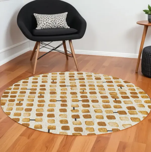 8' Round Geometric Non Skid Area Rug - Brown And Beige