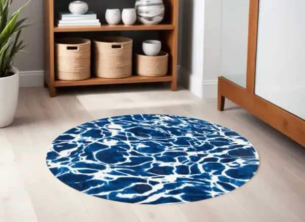 5' Round Abstract Non Skid Area Rug - Blue And White