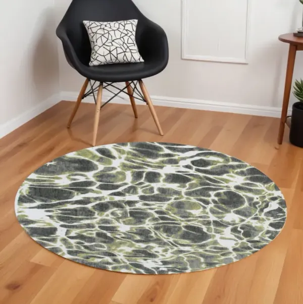 8' Round Abstract Non Skid Area Rug - Green And White