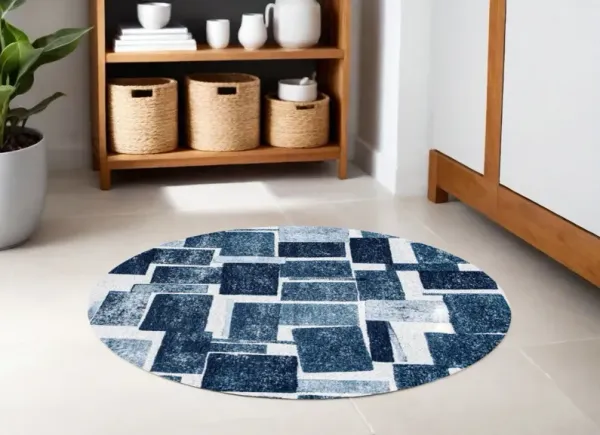 5' Round Geometric Non Skid Area Rug - Blue And White