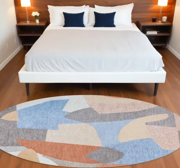 8' Modern Round Abstract Non Skid Area Rug - Blue And Gray