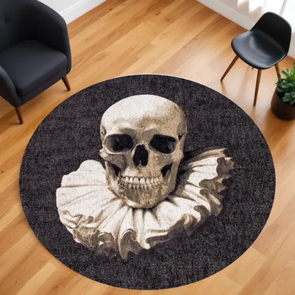 8' Round Funky Skull Non Skid Area Rug - Black And White