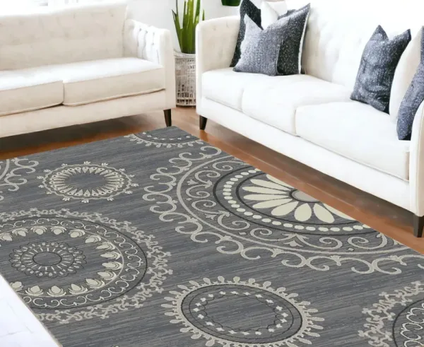 8' x 10' Geometric Area Rug - Dark Gray And Ivory