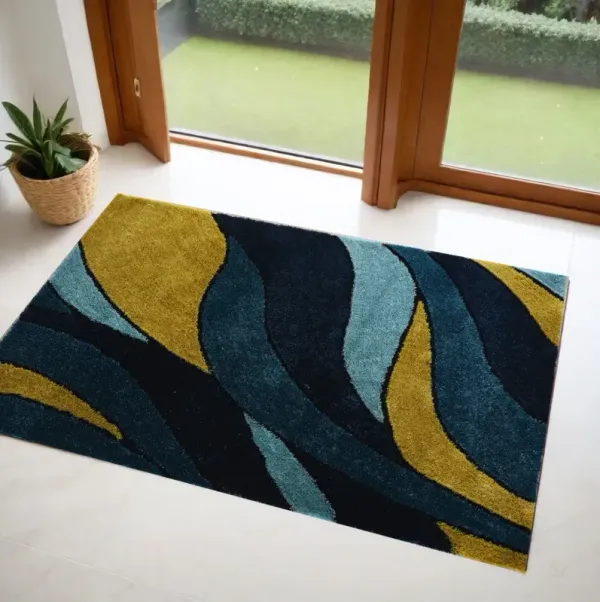 2' x 3' Shag Hand Tufted Area Rug - Blue And Yellow