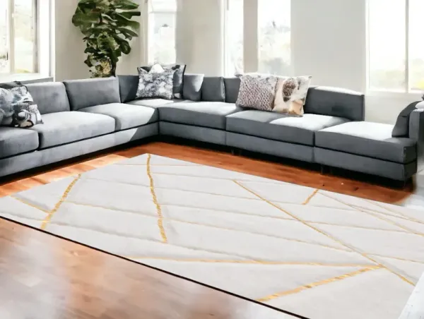 6' x 9' Faux Sheepskin Abstract Geometric Machine Tufted Washable Non Skid Area Rug - White And Gold