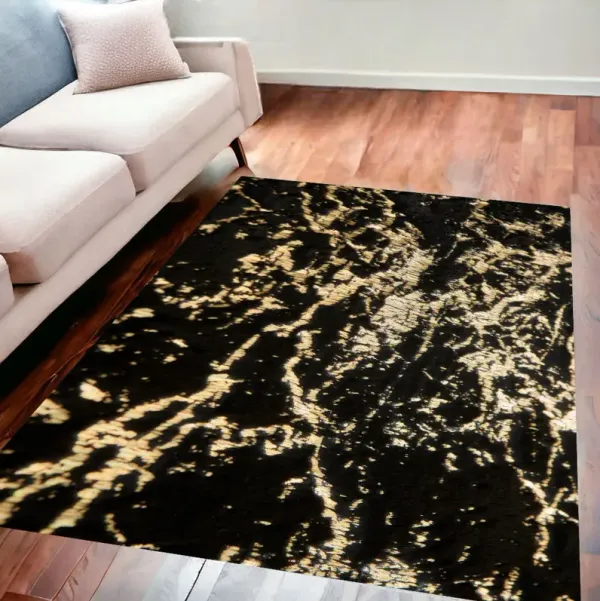 6' x 9' Faux Fur Abstract Shag Non Skid Area Rug - Gold And Black