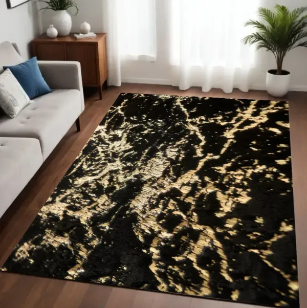 5' x 7' Faux Fur Abstract Shag Non Skid Area Rug - Gold And Black