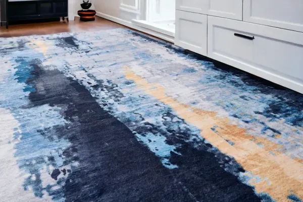 6' x 9' Abstract Printed Washable Non Skid Area Rug - Blue And Yellow
